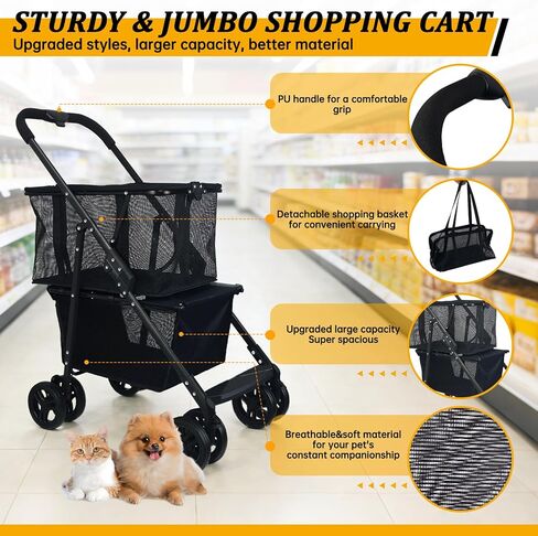 Folding Shopping Cart & Pet，110lbs ，2-in-1 Personal Cart with Removable Basket & Lower Dogs Stroller，Single-Hand Fold, Collapsible Utility Trolley Cart for Groceries, Laundry, Camping & Pet Traveling in Kuwait