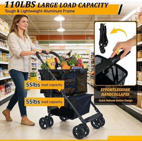 Folding Shopping Cart & Pet，110lbs ，2-in-1 Personal Cart with Removable Basket & Lower Dogs Stroller，Single-Hand Fold, Collapsible Utility Trolley Cart for Groceries, Laundry, Camping & Pet Traveling in Kuwait