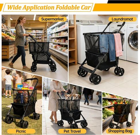 Folding Shopping Cart & Pet，110lbs ，2-in-1 Personal Cart with Removable Basket & Lower Dogs Stroller，Single-Hand Fold, Collapsible Utility Trolley Cart for Groceries, Laundry, Camping & Pet Traveling in Kuwait