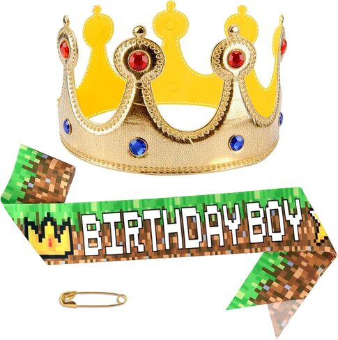 Pixel Birthday Sash and Crown, Green and Brown Birthday Sash and Crown for Pixel Party Decorations in Kuwait