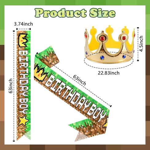 Pixel Birthday Sash and Crown, Green and Brown Birthday Sash and Crown for Pixel Party Decorations in Kuwait