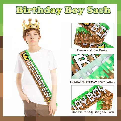 Pixel Birthday Sash and Crown, Green and Brown Birthday Sash and Crown for Pixel Party Decorations in Kuwait