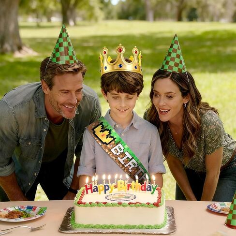 Pixel Birthday Sash and Crown, Green and Brown Birthday Sash and Crown for Pixel Party Decorations in Kuwait