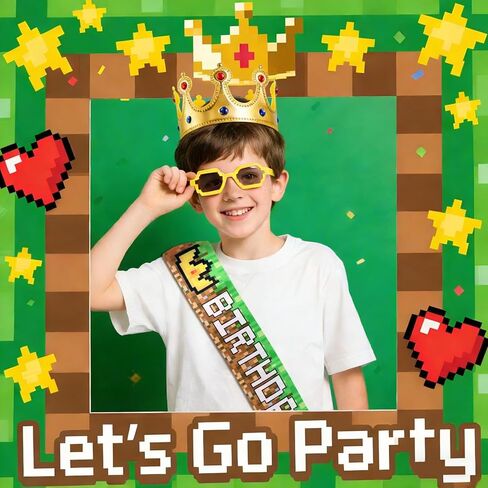 Pixel Birthday Sash and Crown, Green and Brown Birthday Sash and Crown for Pixel Party Decorations in Kuwait