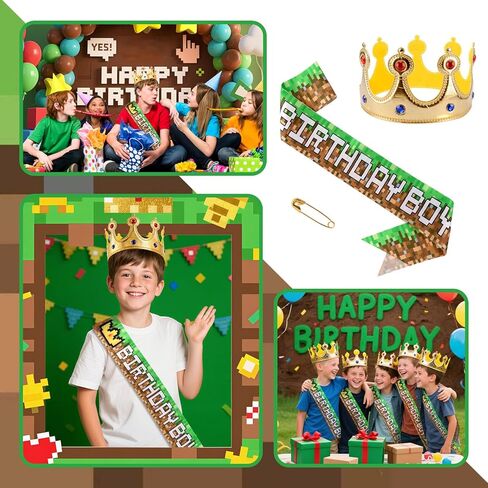 Pixel Birthday Sash and Crown, Green and Brown Birthday Sash and Crown for Pixel Party Decorations in Kuwait