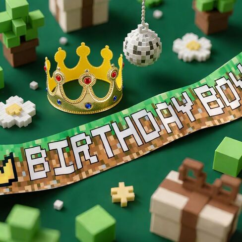 Pixel Birthday Sash and Crown, Green and Brown Birthday Sash and Crown for Pixel Party Decorations in Kuwait