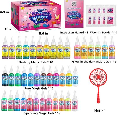 Golinkid Magic Water Elf Toy Kit for Kids, 40 Bottles Aqua Fairy Water Gel Kit, 4 Style Magic Water Kits with 24 Molds 10 Pack of Magic Powder, Crate Your Own Water Pets Craft Kits（40 Colors） in Kuwait