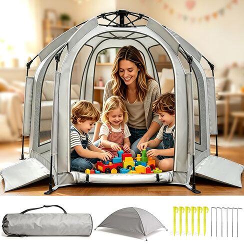 Baby Playpen with Removable Canopy, Pop Up Baby Beach Tent, Full Open Entrance Design, Portable Indoor & Outdoor Travel Playpen with Stability Weight Bags, Storage Bag & Inserts in Kuwait