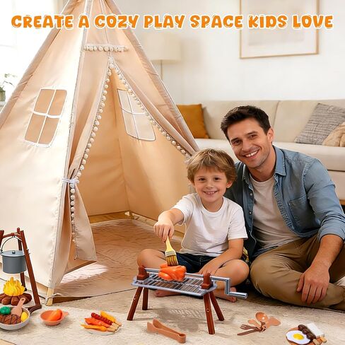 Teepee Tent for Kids with BBQ Pretend Play Toys, Spacious 60" Kids Play Tent Indoor & Outdoor, Foldable Playhouse with Mat & Star Lights, Washable Camping Toys Gift for Boys & Girls Ages 3–8 in Saudi Arabia