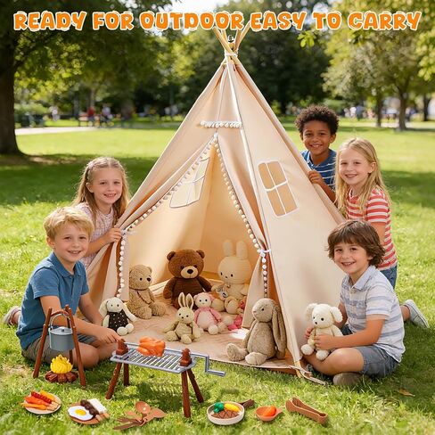 Teepee Tent for Kids with BBQ Pretend Play Toys, Spacious 60" Kids Play Tent Indoor & Outdoor, Foldable Playhouse with Mat & Star Lights, Washable Camping Toys Gift for Boys & Girls Ages 3–8 in Saudi Arabia
