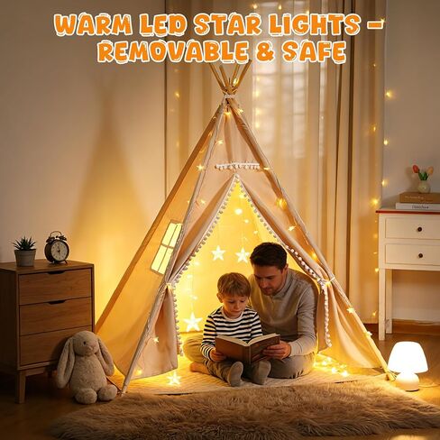 Teepee Tent for Kids with BBQ Pretend Play Toys, Spacious 60" Kids Play Tent Indoor & Outdoor, Foldable Playhouse with Mat & Star Lights, Washable Camping Toys Gift for Boys & Girls Ages 3–8 in Saudi Arabia