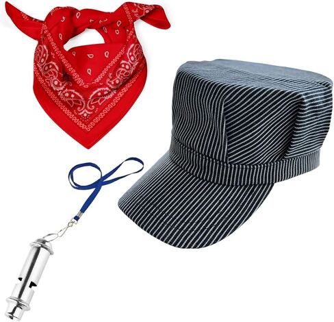 Conductor Hat Paisley Bandana and Metal Whistle Costumes Accessories 3PCS - Train Conductor Hat Dress Up Kit-Adjustable Head Perimeter Size: 18.54inch-21inch（47cm-52cm） in Kuwait