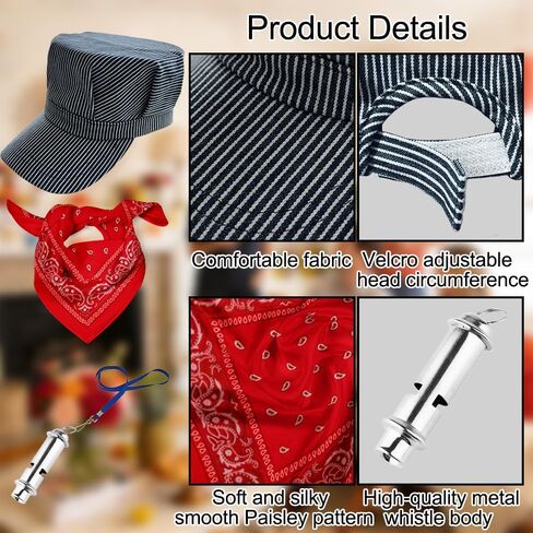 Conductor Hat Paisley Bandana and Metal Whistle Costumes Accessories 3PCS - Train Conductor Hat Dress Up Kit-Adjustable Head Perimeter Size: 18.54inch-21inch（47cm-52cm） in Kuwait