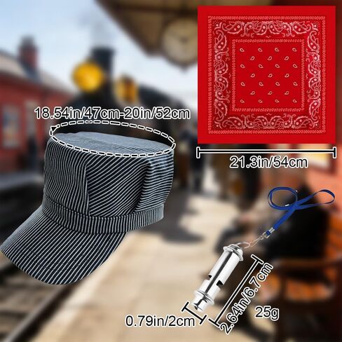 Conductor Hat Paisley Bandana and Metal Whistle Costumes Accessories 3PCS - Train Conductor Hat Dress Up Kit-Adjustable Head Perimeter Size: 18.54inch-21inch（47cm-52cm） in Kuwait