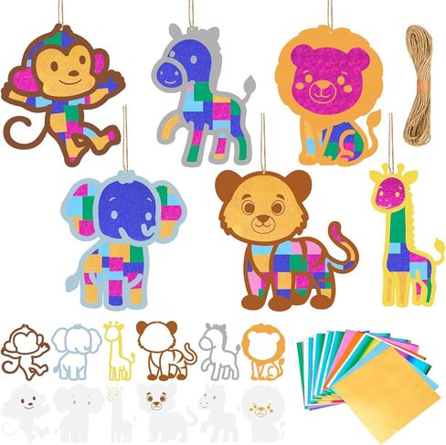 Bafeil 24 Pack Jungle Animal Suncatcher Craft Kit, DIY Mosaic Window Art Kit with Transfer Paper, Sun Catcher Activity for Classroom, Party, VBS, Summer Camp Home Window Ornaments in Kuwait