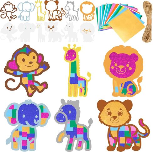 Bafeil 24 Pack Jungle Animal Suncatcher Craft Kit, DIY Mosaic Window Art Kit with Transfer Paper, Sun Catcher Activity for Classroom, Party, VBS, Summer Camp Home Window Ornaments in Kuwait