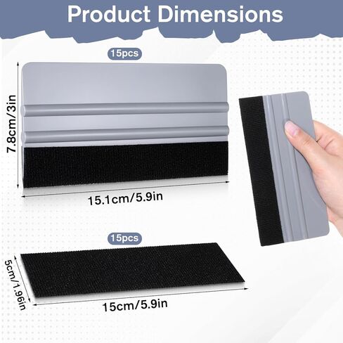 15 Pack Plastic Vinyl Squeegee, 6 Inch Felt Edge Squeegee for Tint Film Decal, Vinyl Wrap Installation Wallpaper Smooth Tool, Vinyls Scraper Decal Applicator Tool, with 15 Pcs Black Felt Fabric in Kuwait