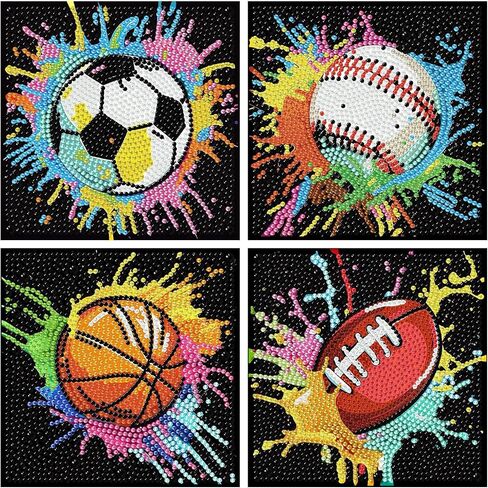 LEZHIJIA 4 Pack Small Diamond Art for Kids, Balls Mini Diamond Painting Kits for Kids, Diamond Dots Full Drill Crafts for for Kids Ages 4-8-12, Easy Gem Kit Kid for Gift Home Wall Decor 7x7inch in Kuwait