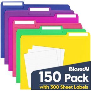 مجلدات ملفات، 150 حزمة مجلدات ملفات ملونة بحجم الحروف، 8.5 بوصة × 11 بوصة، 1/3 مجلدات ورقية متينة كبيرة الحجم مع ملصقات فارغة، مجلدات متنوعة بـ 6 ألوان للاستخدام المنزلي في المكاتب ومدرسة الأعمال in Kuwait