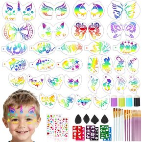 63Pcs Face Paint Stencils Kit With 32 Reusable Face Painting Stencils, 9 Sheets Tattoo Templates Stickers, 15 Brushes, 2 Pack Gems, 4 Fingertip Sponges, 4 Sponges For Halloween Festival Party Makeup in Saudi Arabia