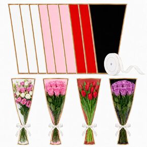 10 PCS 4 Colors Flower Bags for Bouquets, 17.8 x 11.2 Inches Plastic Flower Sleeves Flower Bouquet Wrapping Paper, Clear Front Bouquet Bags Floral Wraps Gift Bag with White Ribbons for Florist in Kuwait