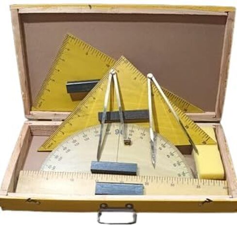 A Wooden Geometry Teaching Set, Yellow Box with Protractor, Rulers, Metal Dividers, 7-Piece Professional Math Drawing Tools for Schools, Classes in Kuwait