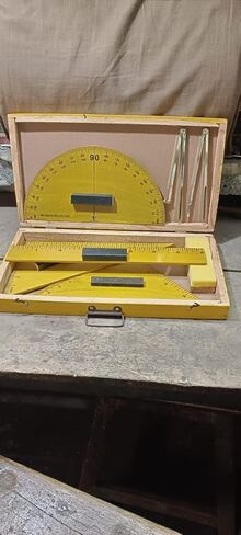 A Wooden Geometry Teaching Set, Yellow Box with Protractor, Rulers, Metal Dividers, 7-Piece Professional Math Drawing Tools for Schools, Classes in Kuwait