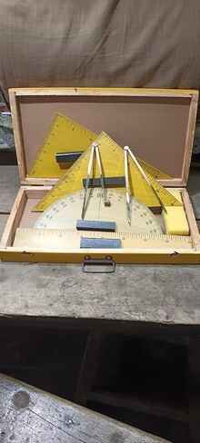 A Wooden Geometry Teaching Set, Yellow Box with Protractor, Rulers, Metal Dividers, 7-Piece Professional Math Drawing Tools for Schools, Classes in Kuwait