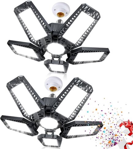 مصابيح المرآب - برغي 160 وات 16000LM 6500K في مصابيح المرآب LED 5+1 لوحات قابلة للتشوه للطابق السفلي، ورشة العمل، العلية، E26/E27، أسود (2) in Kuwait