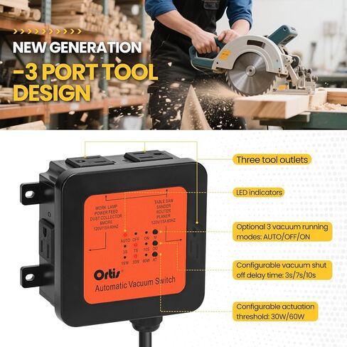 2026 New! Automatic Vacuum Switch - Ortis Dust Control Autoswitch for 3 Power Tools, Delay Vacuum On/Off to Prevent Circuit Overload and Tripping, Adjustable Actuation Threshold, Orange Red in Kuwait
