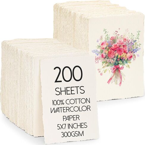 Oleitodh 200 Sheets Cotton Watercolor Paper 5 x 7inch, 140lb/300 GSM Handmade Paper Deckled Edge Watercolor Cardstock Textured Paper for Watercolors, Wedding Invitations, Cards, Crafts in Saudi Arabia