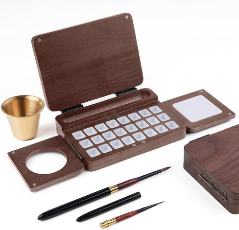 24-Grid Empty Travel Watercolor Palette Box, Fuumuui All-in-One Walnut Wood Palette Tray Kit, Mini Portable Sketchbox for Plein Air Painting with Three Ends Travel Brush and Watercolor Cup in Kuwait