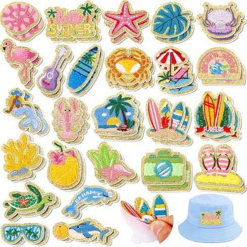 50 Pcs Hello Summer Patches Ocean Patches Self Adhesive Hawaii Beach Patch,Embroidered Cute Coastal Sea Animals Patch Stick on,Chenille Patches Summer Ocean Stickers for Hats Bags Backpacks in Saudi Arabia