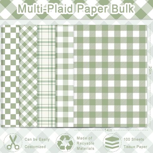 100 Sheets Sage Green Buffalo Plaids Tissue Paper, 5 Styles Greenery Lattice Patterns Wrapping Paper for Spring DIY Crafts Birthday Baby Shower Party Supplies, 13.8 x 19.7'' in Kuwait