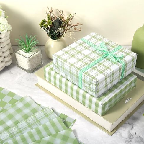 100 Sheets Sage Green Buffalo Plaids Tissue Paper, 5 Styles Greenery Lattice Patterns Wrapping Paper for Spring DIY Crafts Birthday Baby Shower Party Supplies, 13.8 x 19.7'' in Kuwait
