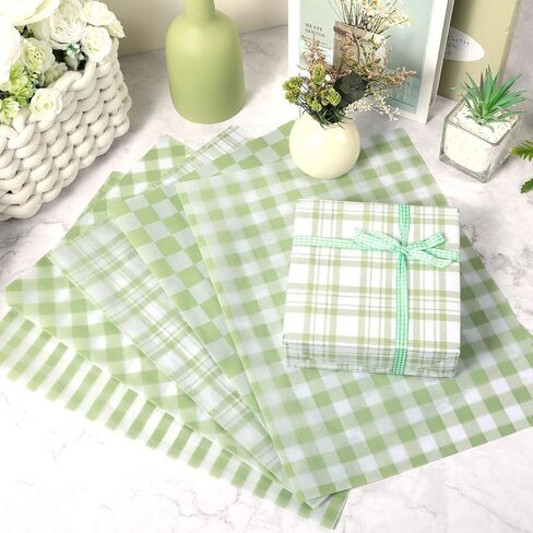 100 Sheets Sage Green Buffalo Plaids Tissue Paper, 5 Styles Greenery Lattice Patterns Wrapping Paper for Spring DIY Crafts Birthday Baby Shower Party Supplies, 13.8 x 19.7'' in Kuwait