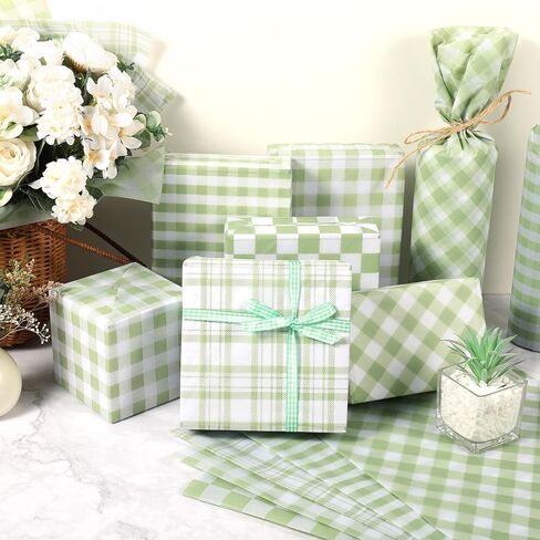 100 Sheets Sage Green Buffalo Plaids Tissue Paper, 5 Styles Greenery Lattice Patterns Wrapping Paper for Spring DIY Crafts Birthday Baby Shower Party Supplies, 13.8 x 19.7'' in Kuwait