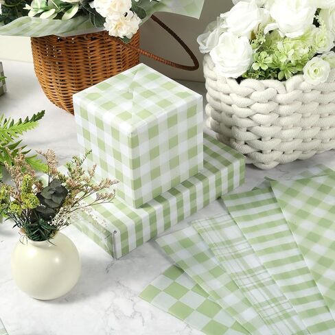 100 Sheets Sage Green Buffalo Plaids Tissue Paper, 5 Styles Greenery Lattice Patterns Wrapping Paper for Spring DIY Crafts Birthday Baby Shower Party Supplies, 13.8 x 19.7'' in Kuwait