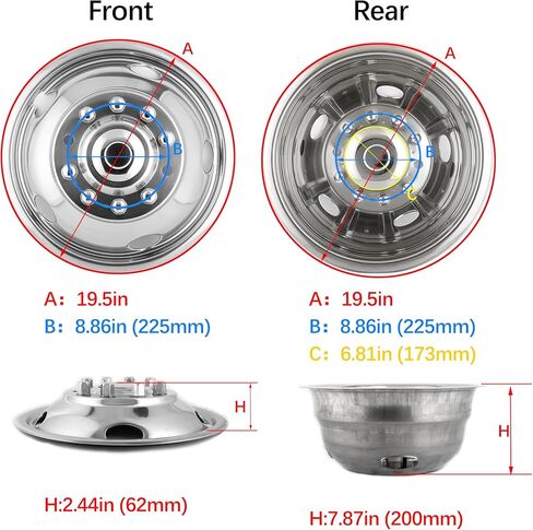 Wensdy 4Pcs19.5 Stainless Steel Dually Wheel Simulator, 10 Lug 5 Hand Hole Wheel Simulators Hupcaps fit for 2012-2025 Dodge Ram 4500/5500 D19F6 in Kuwait