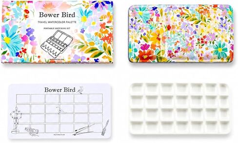 Bower Bird Travel Watercolor Palette,Portable Ceramic Palette,Empty Paint Palette,Small Travel Metal Paint Boxwith Porcelain Palette (24Well) in Kuwait