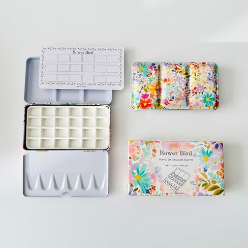 Bower Bird Travel Watercolor Palette,Portable Ceramic Palette,Empty Paint Palette,Small Travel Metal Paint Boxwith Porcelain Palette (24Well) in Kuwait