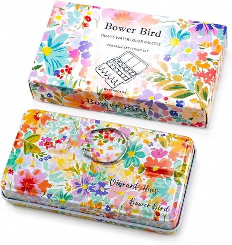Bower Bird Travel Watercolor Palette,Portable Ceramic Palette,Empty Paint Palette,Small Travel Metal Paint Boxwith Porcelain Palette (24Well) in Kuwait