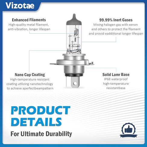 9003/H4 Halogen Headlight Bulb, 12V 55W Head Lamps, 4000 Lumens, 3800K, No Glare, H4 Head Light Bulbs for Car, High and Low Beam, Automotive Light Bulbs, Pack of 2 in Kuwait