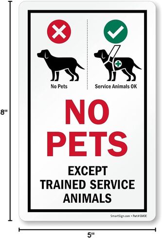 SmartSign 8 x 5 inch “No Pets - Except Trained Service Animals" Glass Window Decal, Clear Polyester, Red, Black and Green, Made in USA in Saudi Arabia