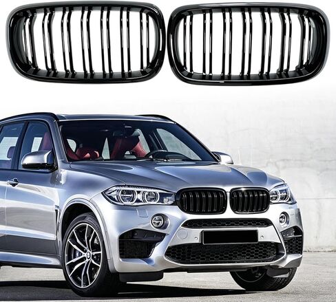 Car Front Kidney Grille for 2014 2015 2016 2017 2018 BMW X5 F15 / X6 F16 / X5M F85 / X6M F86 Hood Bumper Grille Replacement,Gloss Black Double Slats ABS Upper Grill in Kuwait
