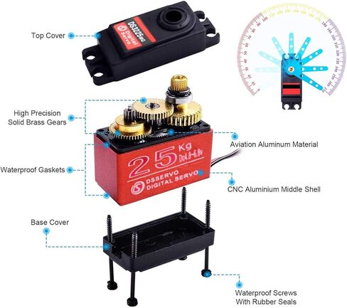 BETU 2Pack 25KG High Torque RC Servo، مؤازرة مقاومة للماء متوافقة مع 1/6،1/8، 1/10، 1/12 RC Car، جهاز توجيه معدني كامل مع قرن مؤازر 25T (270 درجة) in Kuwait