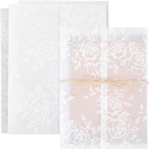 100 عبوة من سترات Vellum لدعوات 5x7 - ورق رق مطوي مسبقًا 5x7، 130 جرامًا في المتر المربع أغلفة دعوة زفاف شفافة بنمط زهور أنيق (أبيض) in Kuwait