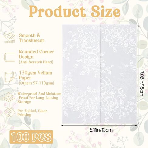 100 عبوة من سترات Vellum لدعوات 5x7 - ورق رق مطوي مسبقًا 5x7، 130 جرامًا في المتر المربع أغلفة دعوة زفاف شفافة بنمط زهور أنيق (أبيض) in Kuwait