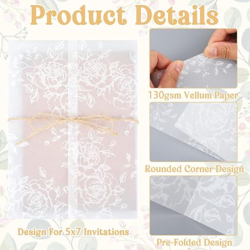100 عبوة من سترات Vellum لدعوات 5x7 - ورق رق مطوي مسبقًا 5x7، 130 جرامًا في المتر المربع أغلفة دعوة زفاف شفافة بنمط زهور أنيق (أبيض) in Kuwait