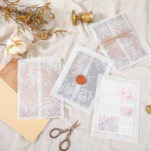 100 عبوة من سترات Vellum لدعوات 5x7 - ورق رق مطوي مسبقًا 5x7، 130 جرامًا في المتر المربع أغلفة دعوة زفاف شفافة بنمط زهور أنيق (أبيض) in Kuwait